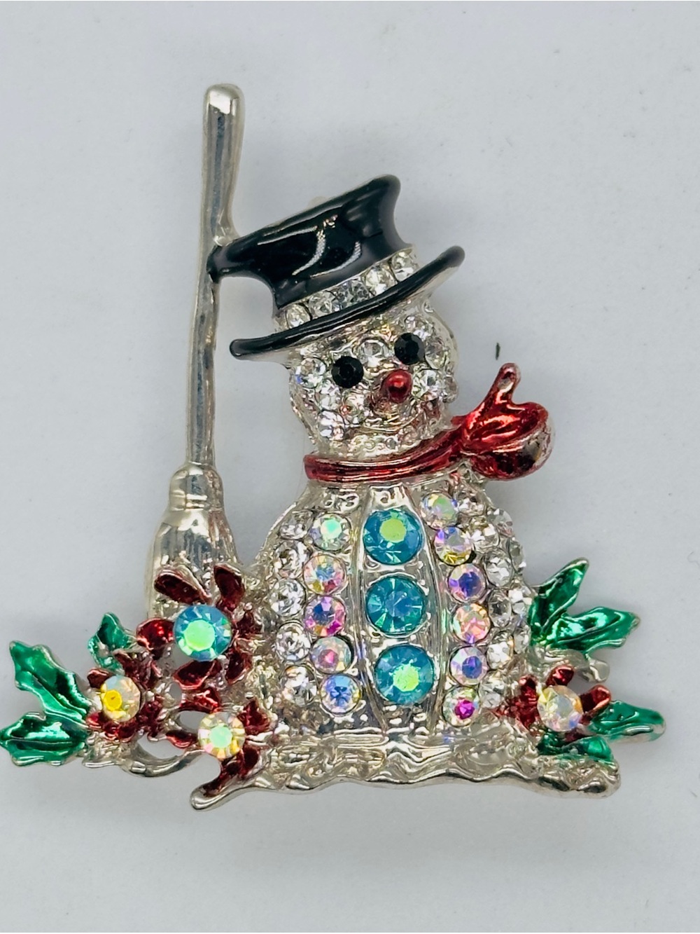 Sparkle Rhinestone Snowman Brooch Pin Silver Tone Enamel Christmas Winter